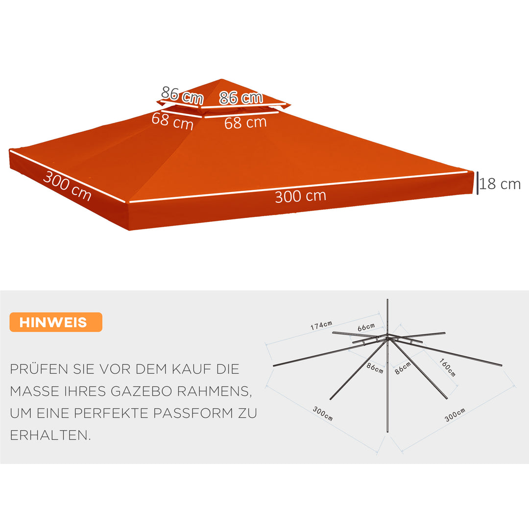 Udskiftningstag til 3x3m pavillon, vandafvisende pavillontag til metalpavillon, udskiftningstag til havepavillon, festtelt, havetelt, polyester, rustrød