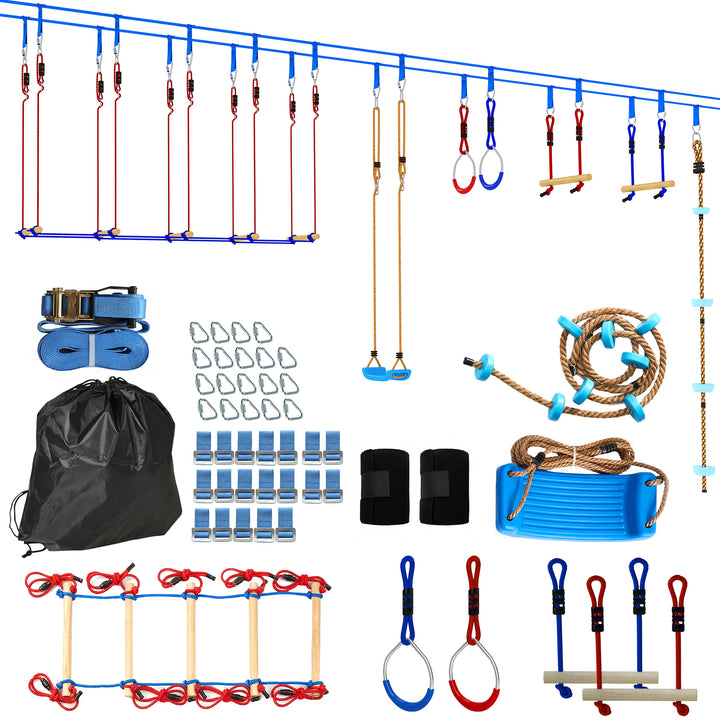 Ninja Line Kids 24m Slackline-sæt med gymnastikringe, 7 forhindringer, klatrestang og balancebro til alderen 3-6