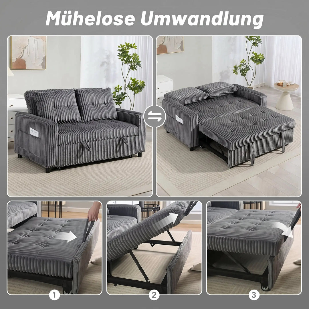 2-personers sovesofa i fløjl, omdannes nemt til seng, inkl. 2 puder og sidelommer, 157 x 190 cm, mørkegrå