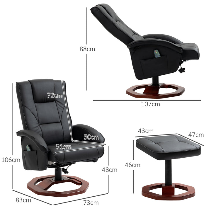 Massagestol med fodskammel, 10 massagepunkter, lænefunktion, roterende sæde, sort, 73 x 83 x 106 cm