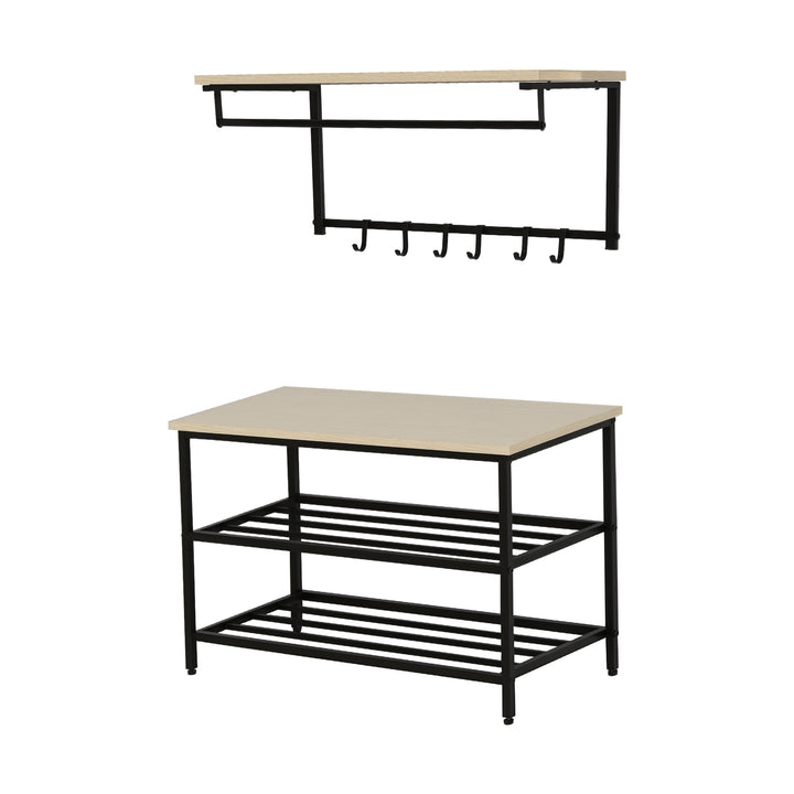 2-I-1 garderobesæt til entré med bænk, vægmonteret knagerække til entré, 6 kroge, natur+sort, 75 x 30 x 45 cm (bænk)