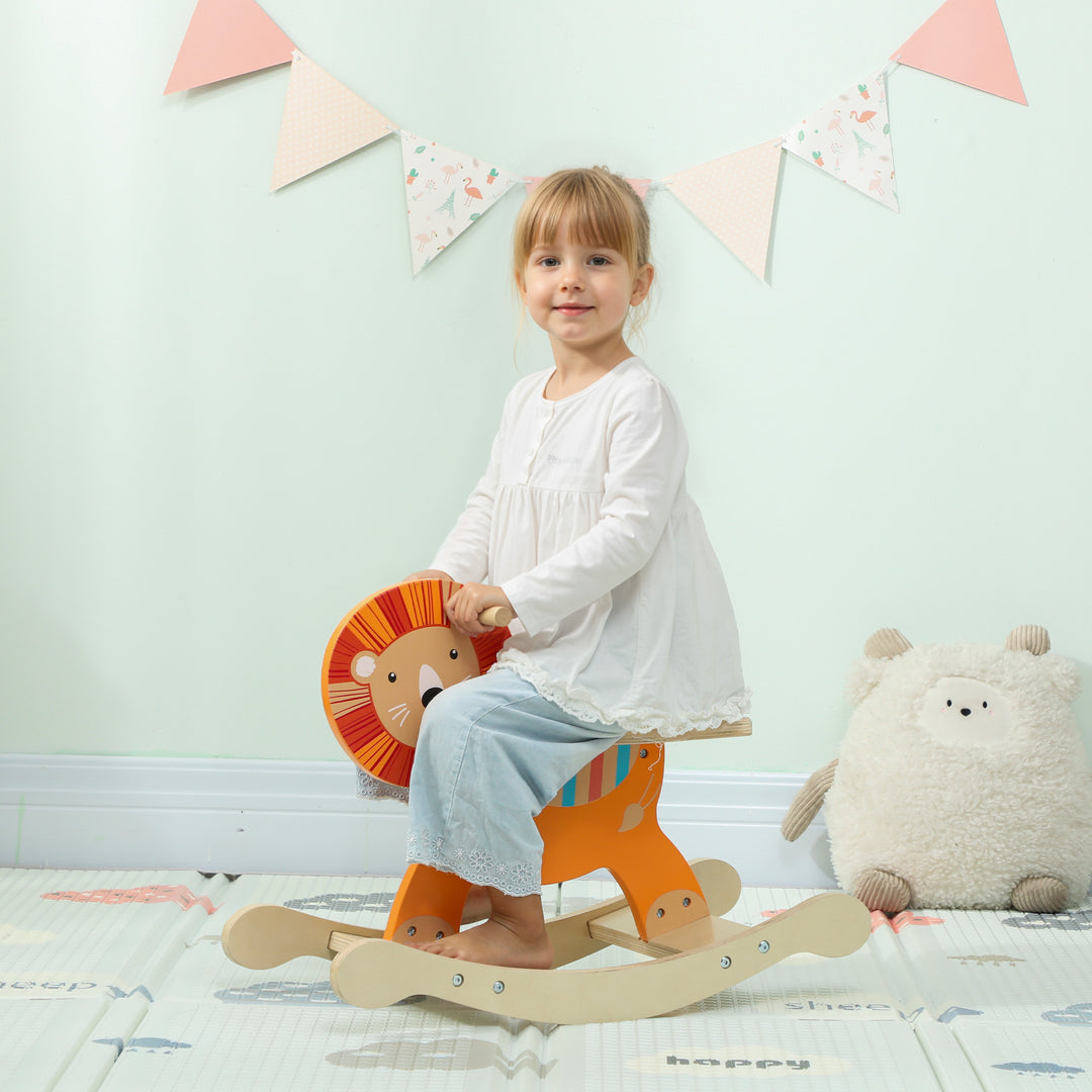 Gyngehest med løvedesign, 25 kg vægtkapacitet, 2-5 år, træ, orange
