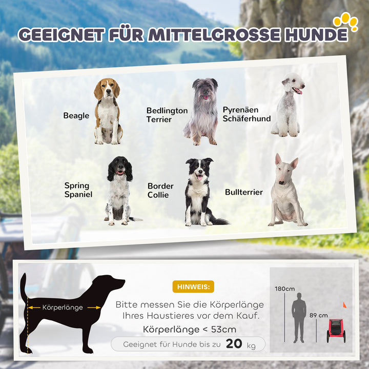 Sammenklappelig hundetrailer med reflekser, netvindue, hjul, dør, sikkerhedsflag til hunde op til 20 kg, 138x70x89 cm, rød