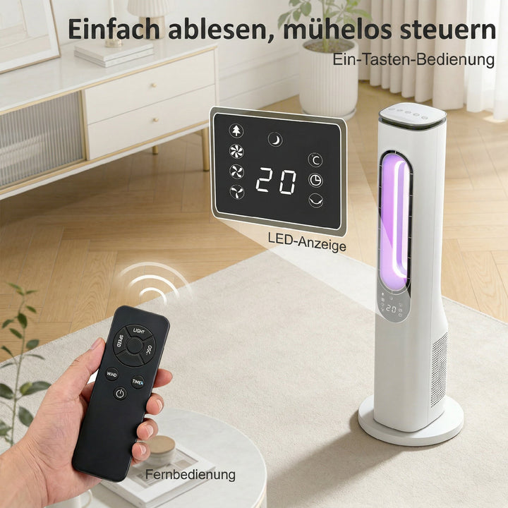 Rotorløs tårnventilator til soveværelser, 35 dB støjsvag standerventilator med 50° oscillation, LED-lys, 3 hastigheder, 15-timers timer, hvid