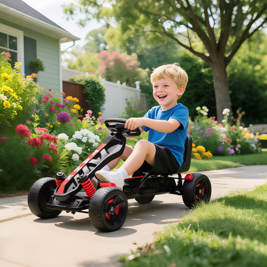 Gokart med pedaler, pedalbil til børn med bremse, skridsikre hjul, metalramme, 3-6 år, rød