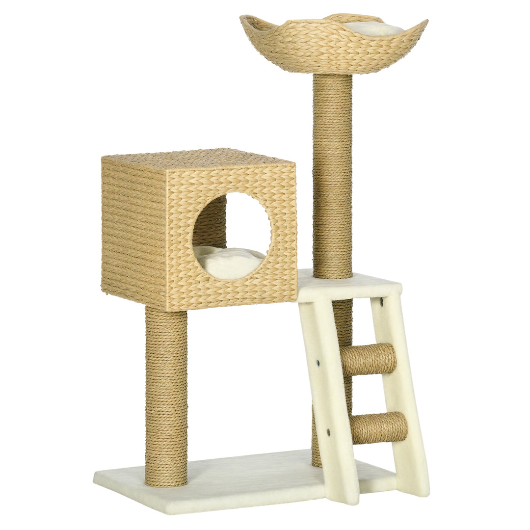 Kradsetræ med kattehus, sisal kradsetræer, vaskbare puder, 100,5h x 57l x 37b cm, hvid/natur