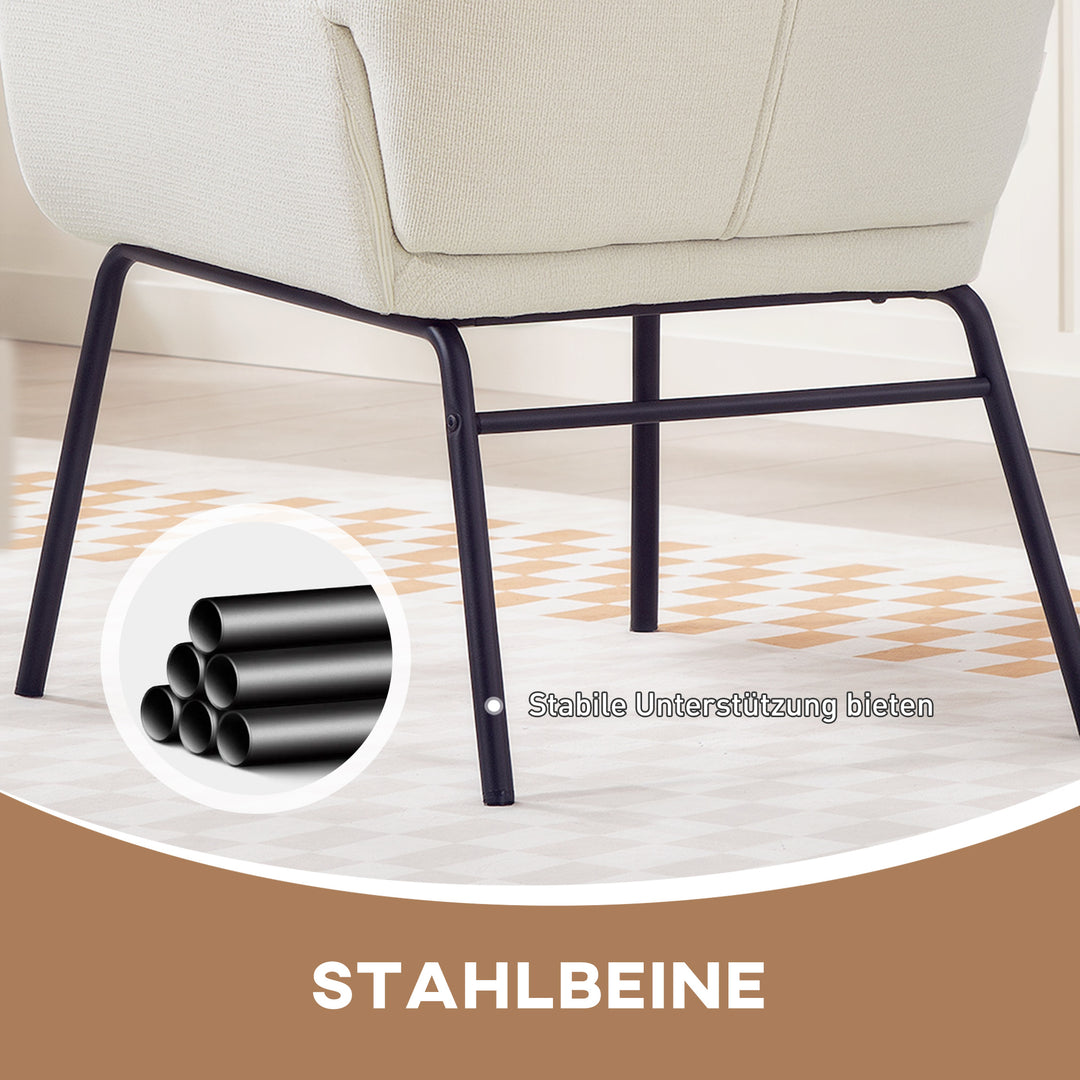 Moderne polstret stol i wingback-stil, høj ryglæn, tyk polstring, stålben, cremehvid