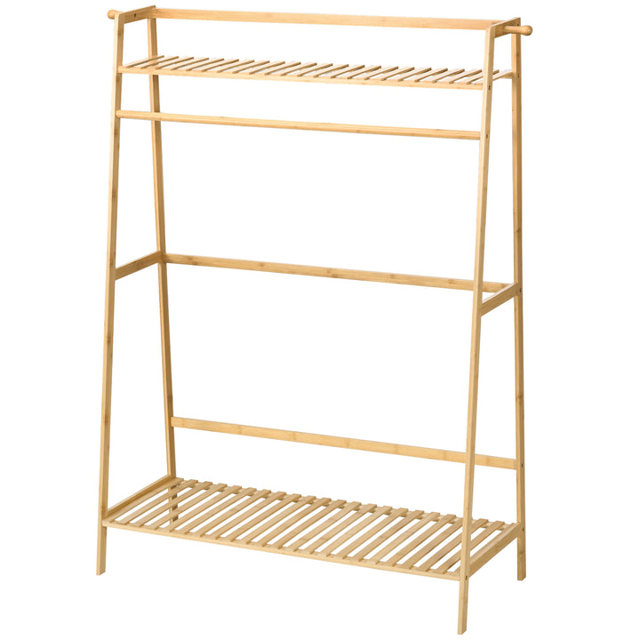 Bambus tøjstativ med 2 knager og tøjstang, 2 hylder, 114 x 40 x 139 cm