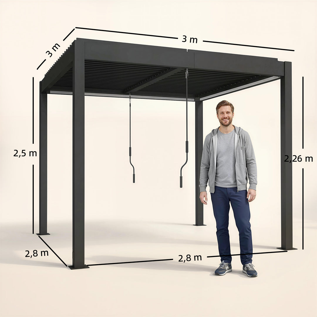 Pergola 3x3 m terrassetag i aluminium med LED-belysning, fjernbetjening, justerbart lameltag