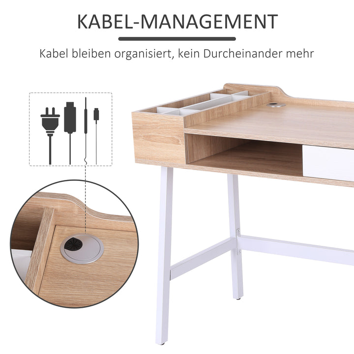 Skrivebord computerbord kontorbord arbejdsbord pc-bord alsidig med seks opbevaringsrum skuffe bred bordplade til studiekontor og kollegieværelse naturlig 100 x 55 x 81,5 cm