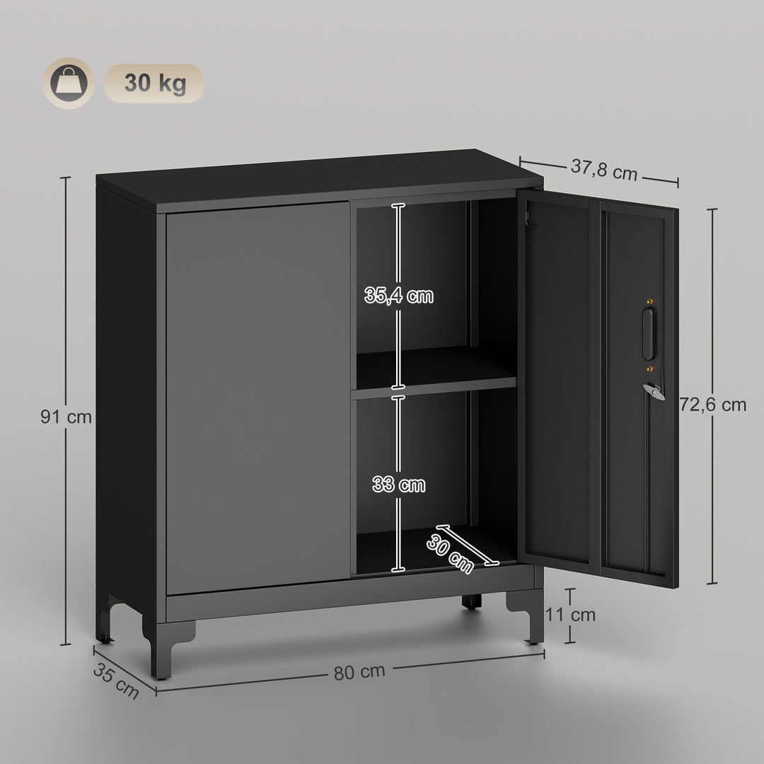 Metalkontorskab med aflåselige døre, kontorkommode, 2-lags design, sort