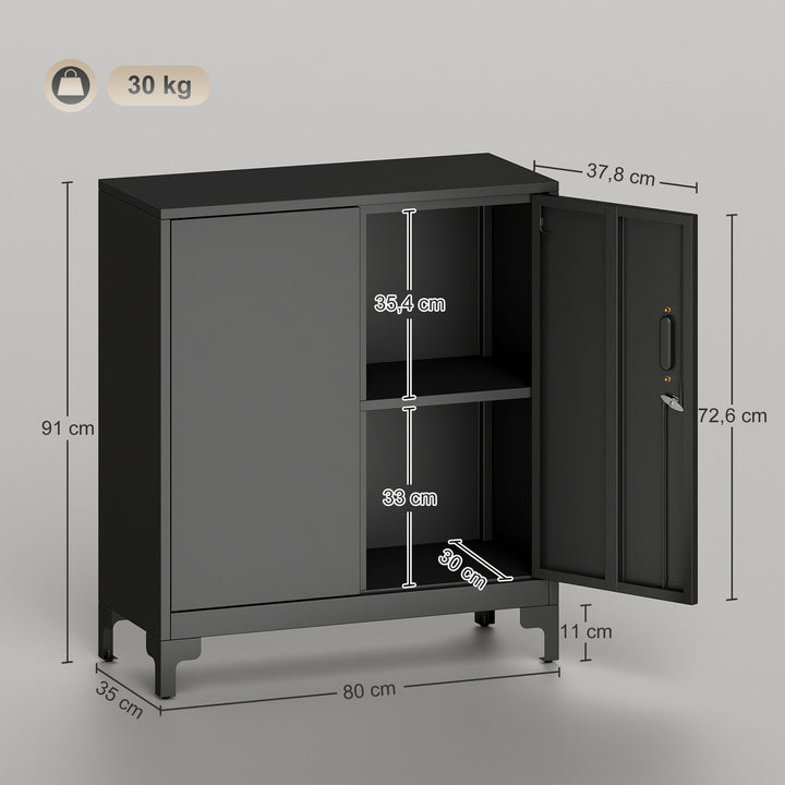 Metalkontorskab med aflåselige døre, kontorkommode, 2-lags design, sort