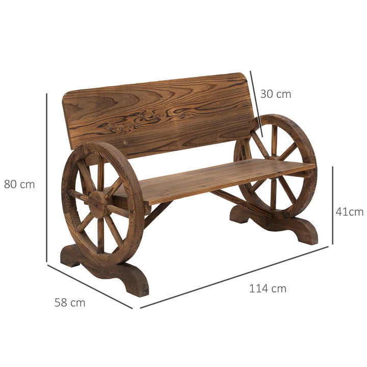 2-personers havebænk i massivt træ med armlæn, bænk med vognhjulsdesign, havemøbler, lasteevne 250 kg, rustik bænk, 114 x 58 x 80 cm, brun