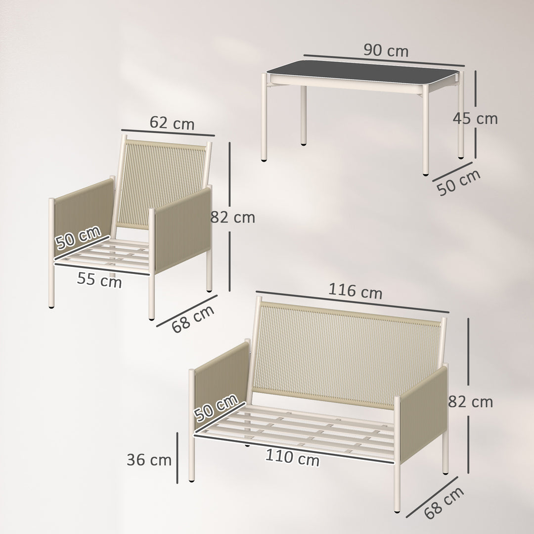 Havemøbelsæt af polyrattan loungesæt med 2-personers sofa, lænestol, glasbord, hynder til 4 personer, brun + grå