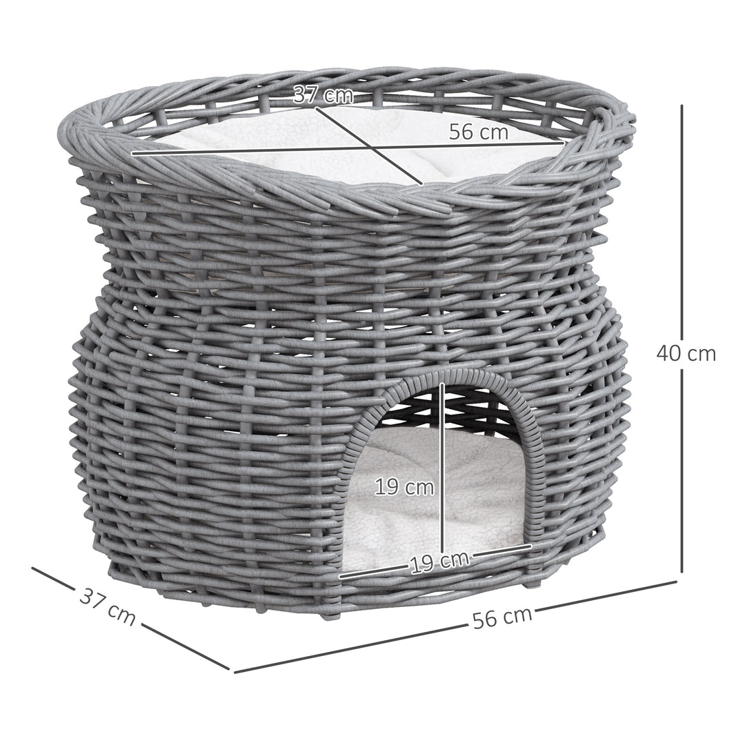 Rattan flettet kattekurv kattehus med 2 bløde puder kattekurv kæledyrsseng lavet af vandhyacint til stue grå 56 x 37 x 40 cm