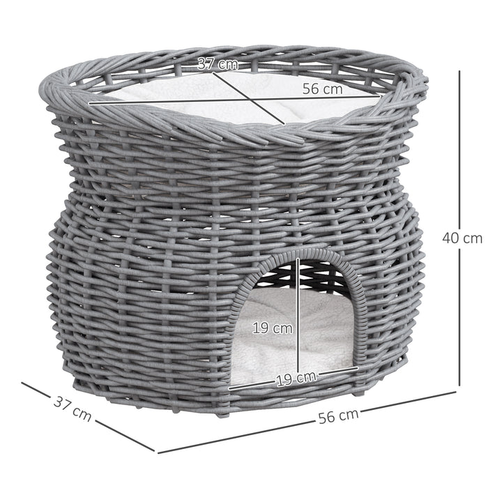 Rattan flettet kattekurv kattehus med 2 bløde puder kattekurv kæledyrsseng lavet af vandhyacint til stue grå 56 x 37 x 40 cm