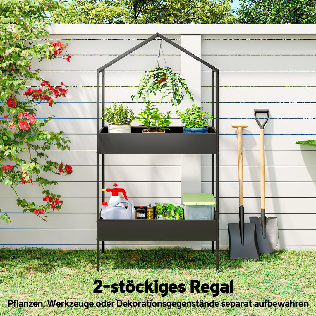 2-etagers husformet plantestativ, 150 cm højt, blomsterstativ med kroge, metal, sort
