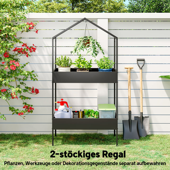 2-etagers husformet plantestativ, 150 cm højt, blomsterstativ med kroge, metal, sort