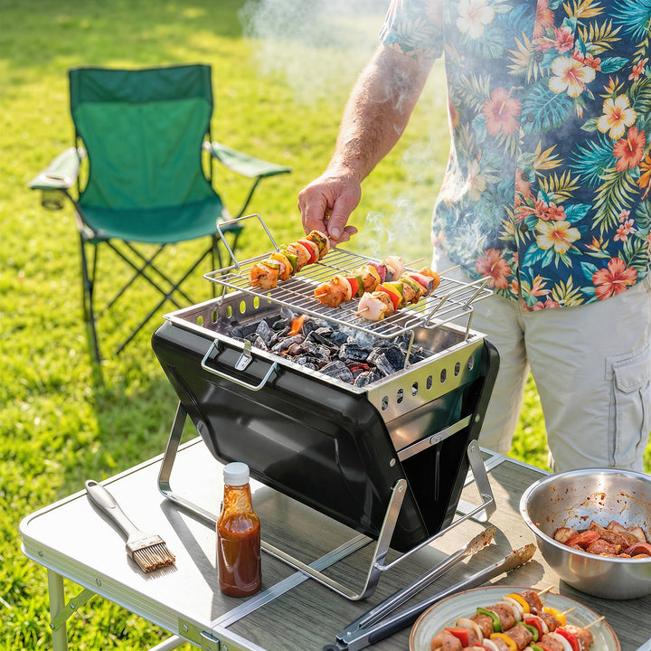 Rustfrit stål kulgrill BBQ-ryger med grillrist, håndtag og sammenklappelige ben til grill og camping, 40x28x25,5 cm, sort