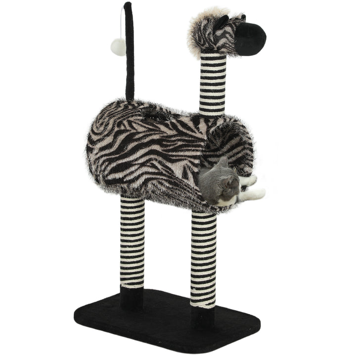 Zebra-design kradsetræ med 1 kattetunnel og 3 kradsetræer, 48,5 cm x 35 cm x 93 cm, sort + hvid