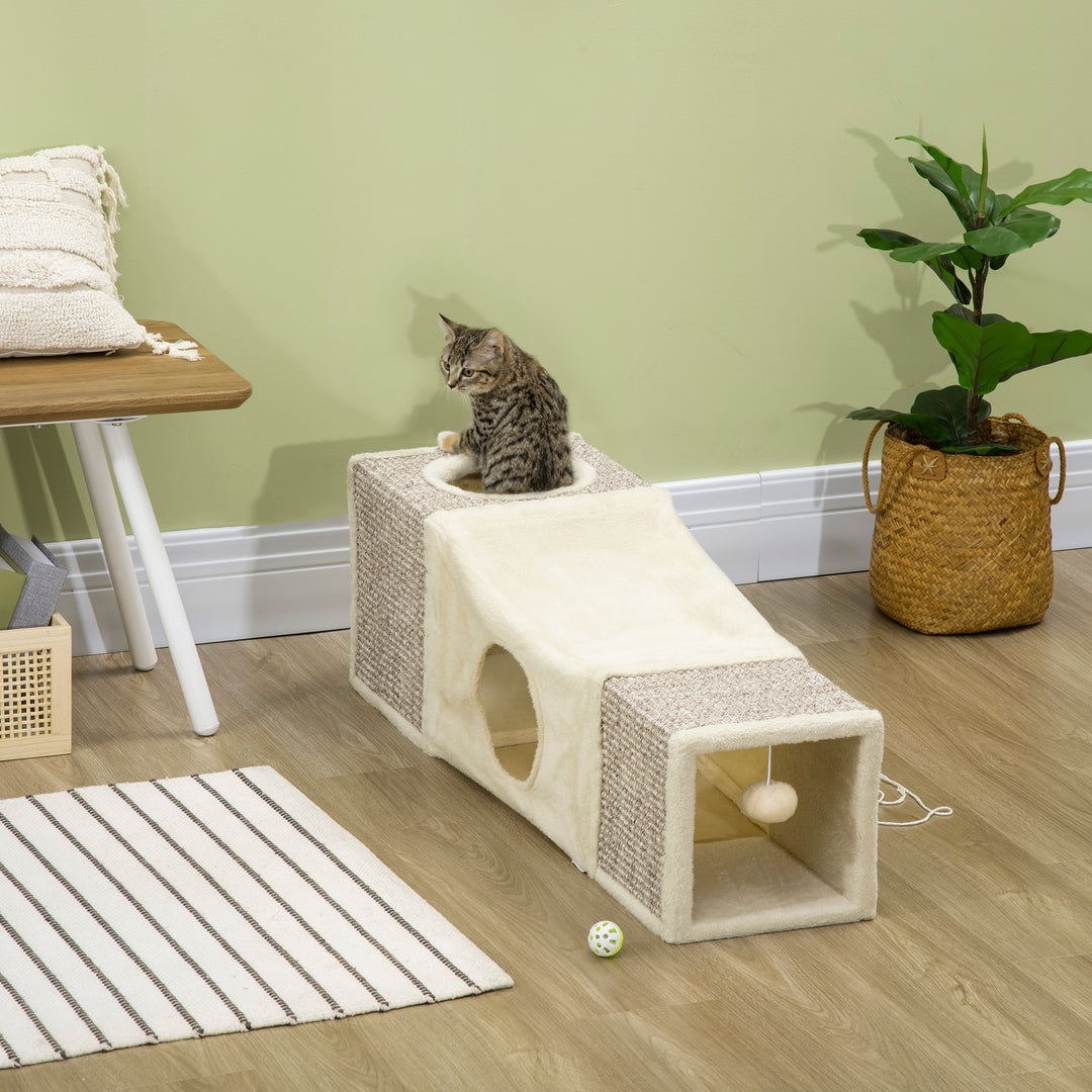 Kattetunnel, 2 kattehuler, kradseområder og boldlegetøj, 98 cm x 30 cm x 30 cm, brun + beige