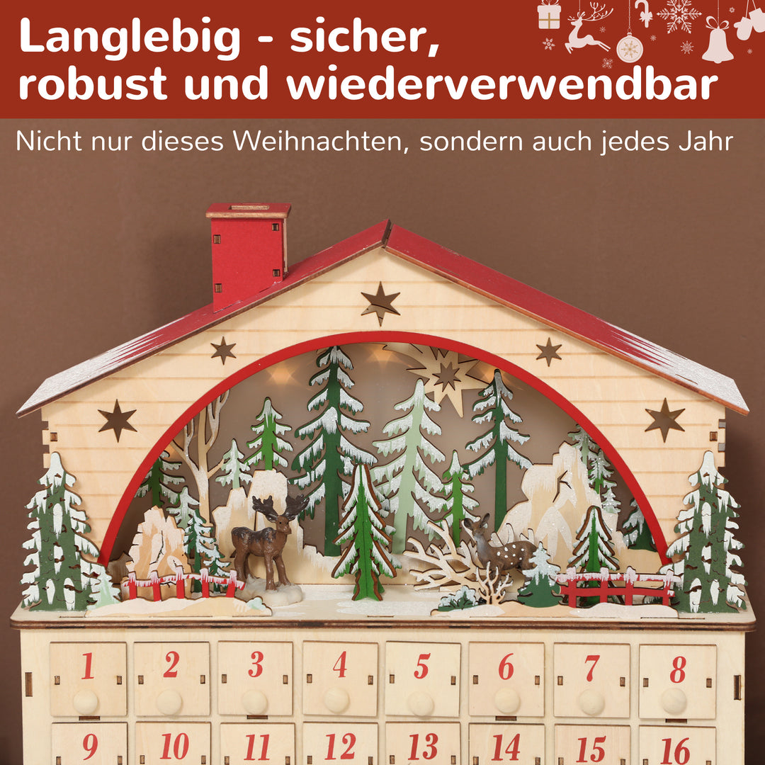 Adventskalender til udfyldning, 24 skuffer og rum, julekalender med LED-lys, naturtræ, 36 x 10 x 34 cm