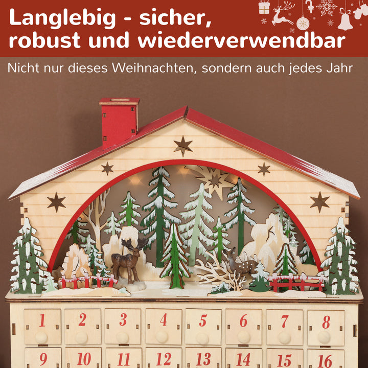 Adventskalender til udfyldning, 24 skuffer og rum, julekalender med LED-lys, naturtræ, 36 x 10 x 34 cm