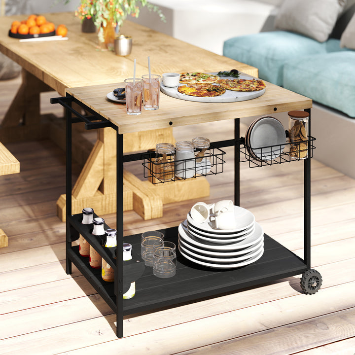 Serveringsvogn, køkkenvogn, 2 hylder, 4 flaskeholdere, indendørs/udendørs, naturlig/sort