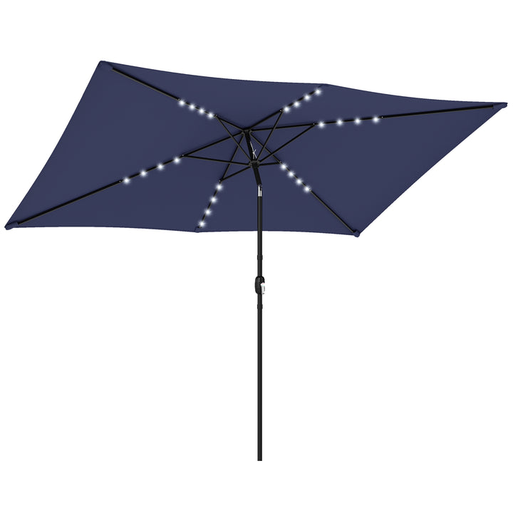 LED solcelleparasol, ca. 300 x 200 cm, vipbar balkonparasol med håndsving, beskyttelsesovertræk, UV-beskyttelse, drejelig, marineblå