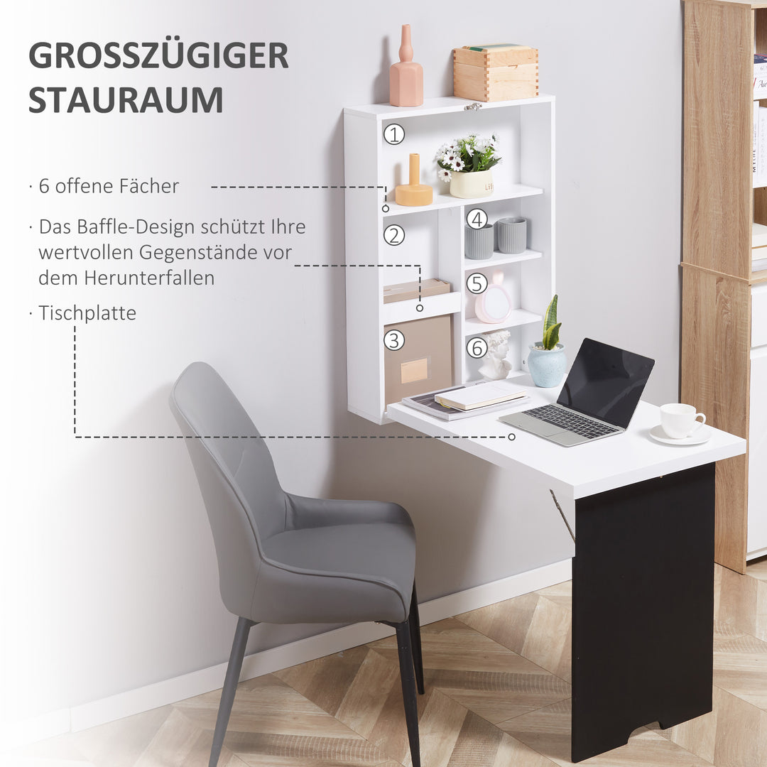 Vægbord, foldbar bordplade, 5 rum, 60x94,5x147cm, sort/hvid