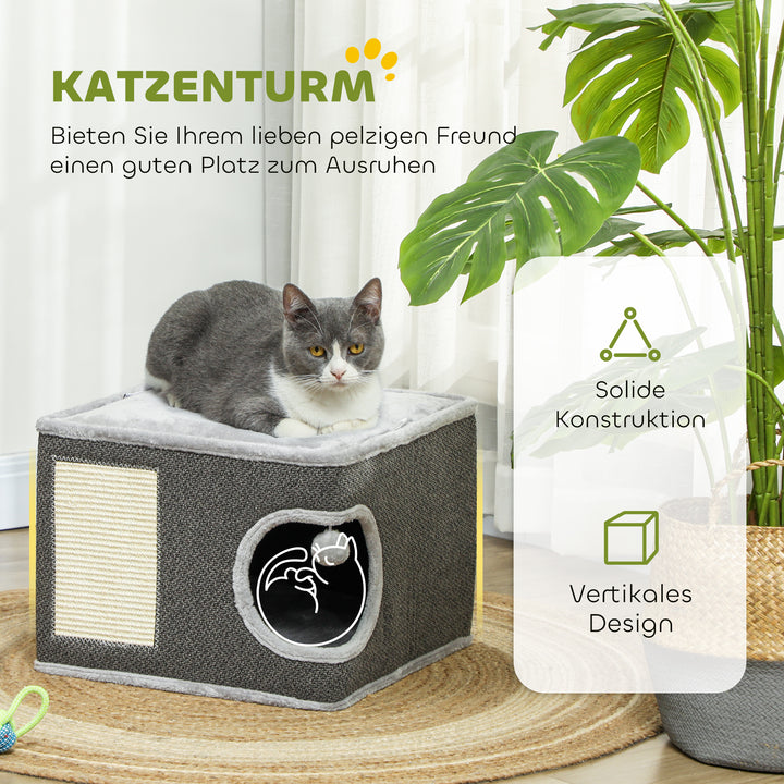 Kattehus med 2 puder, seng, hule, kradsemåtte, legebold, lille kradsetræ, grå
