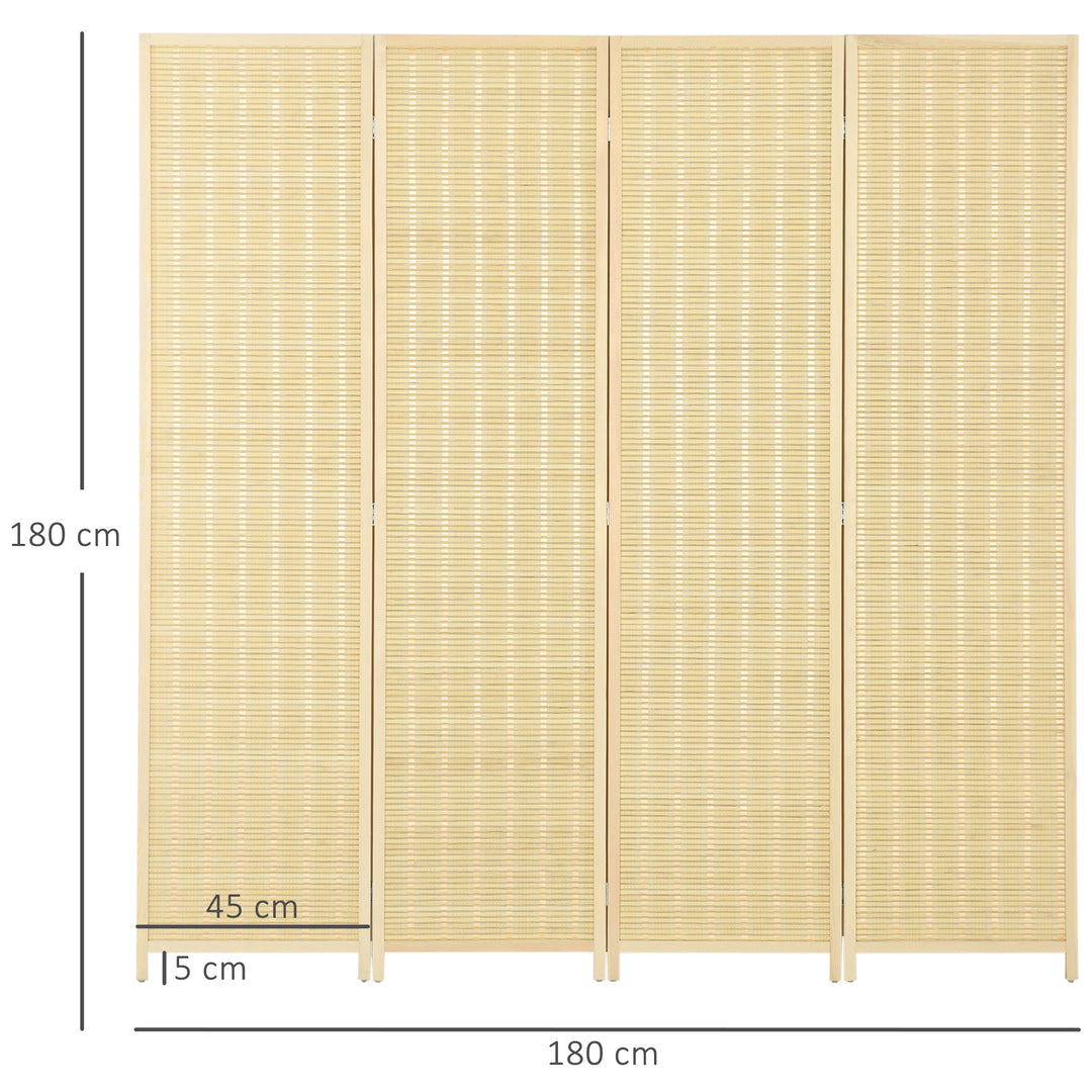 4-Panels rumdeler, 180 x 180 cm, foldbar skærm af bambus og bomuld til stue, soveværelse, natur