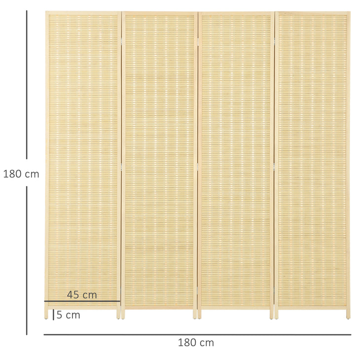 4-Panels rumdeler, 180 x 180 cm, foldbar skærm af bambus og bomuld til stue, soveværelse, natur