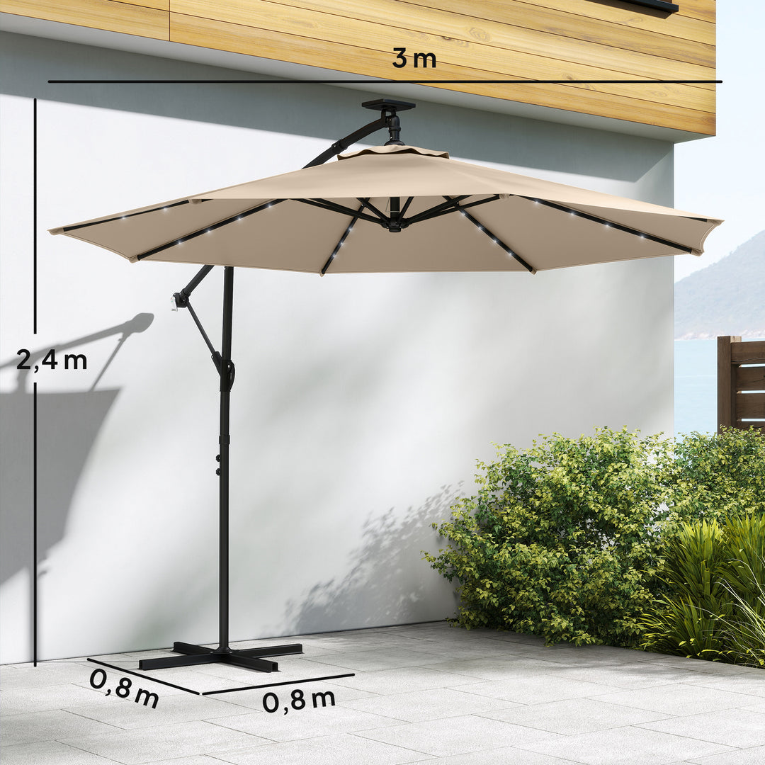 LED solcelledrevet parasol, ca. Ø300 cm, drejelig, med håndsving, beskyttelsesovertræk, beige