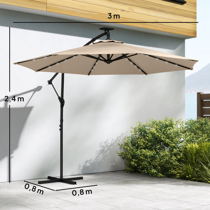 LED solcelledrevet parasol, ca. Ø300 cm, drejelig, med håndsving, beskyttelsesovertræk, beige