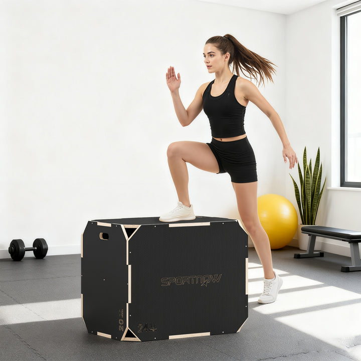3-i-1 Plyo Box, hoppeboks med håndtagsåbninger, til hjemmefitness og udendørs træning, 3 hoppehøjder, træ, sort