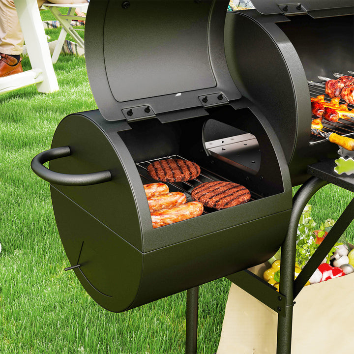 Kulgrill af stål bbq-ryger med låg, termometer, hjul, lufttilførsel og kulbakke