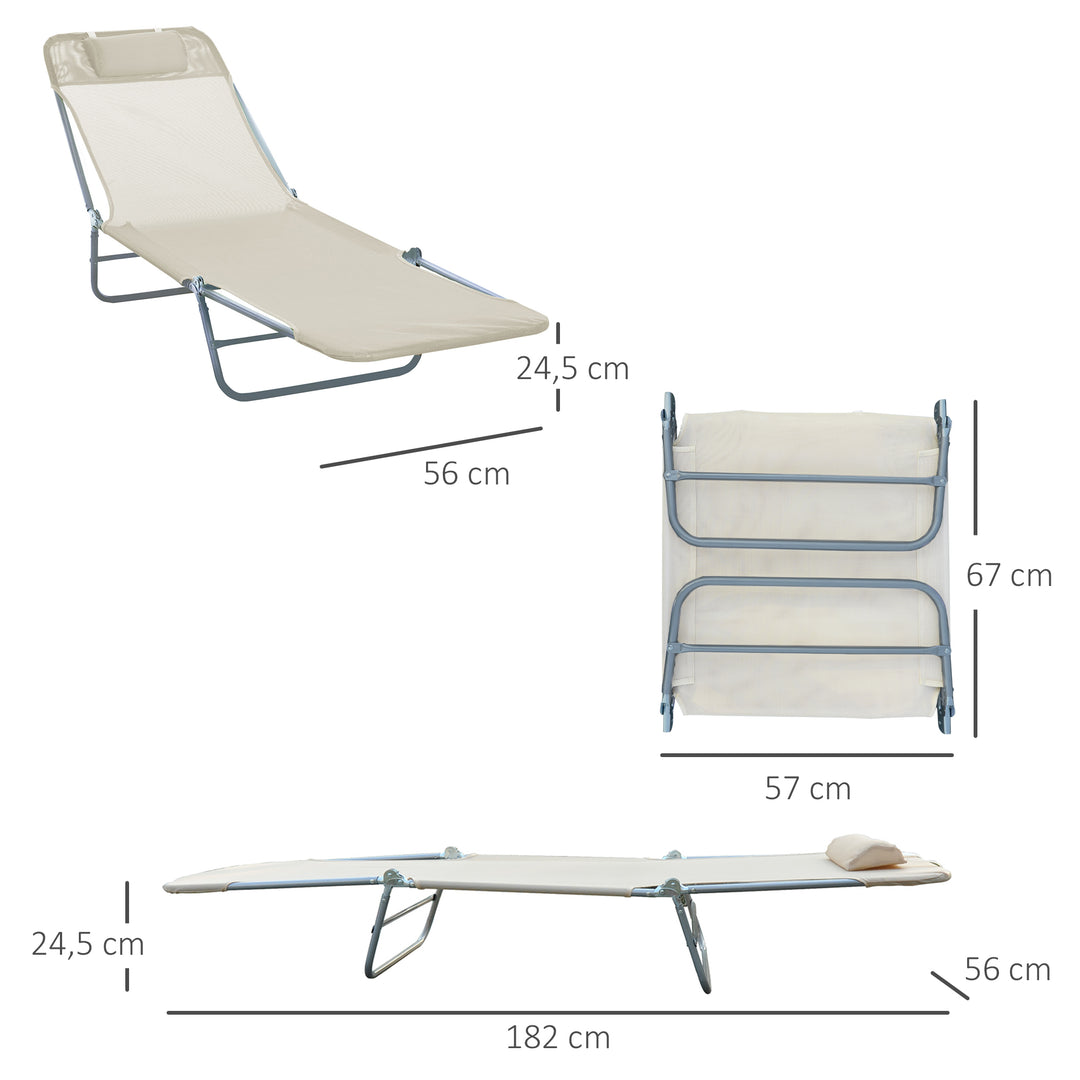 Sammenklappelig liggestol, havestol med nakkestøtte, justerbar 5-positions liggestol, campingstol, lasteevne op til 120 kg, egnet til have, balkon og pool, 4 farver (creme)