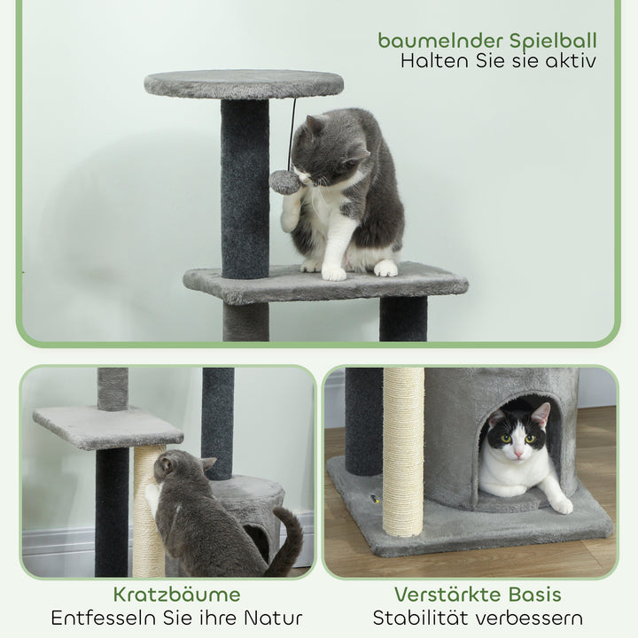 Kradsetræ 103 cm med kattehule, platforme, sisal kradsetræer, plysbold til katte op til 5 kg, grå