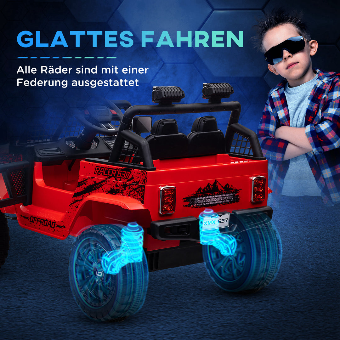 Børne elbil med jævn affjedring, fjernbetjent, LED-lys, horn, 12V motorer, lavet af plastik og metal, rød