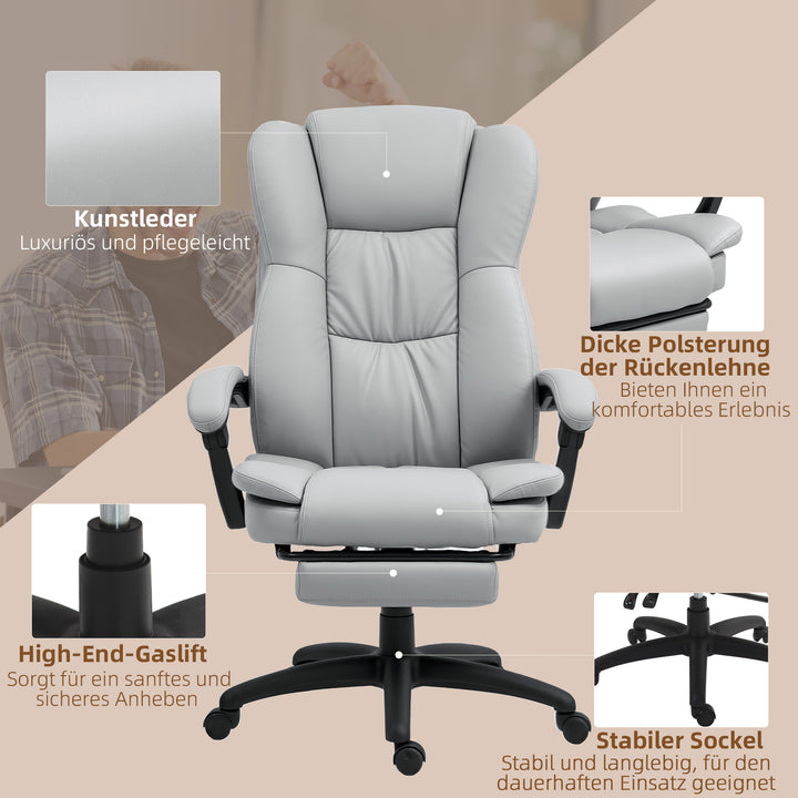 Justerbar drejestol med fodstøtte, nakkestøtte, massagefunktion, kunstlæder, 68,5x68,5x113-121cm