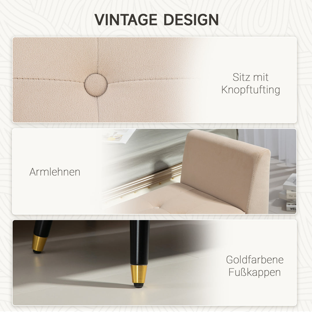 Polstret bænk med opbevaring, armlæn, fløjlspolyester, gummitræ, 107 x 42 x 65 cm, beige