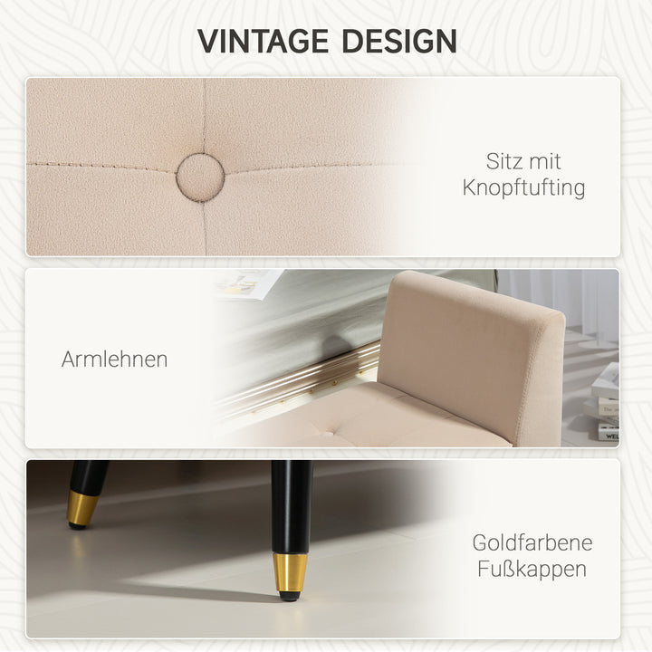 Polstret bænk med opbevaring, armlæn, fløjlspolyester, gummitræ, 107 x 42 x 65 cm, beige
