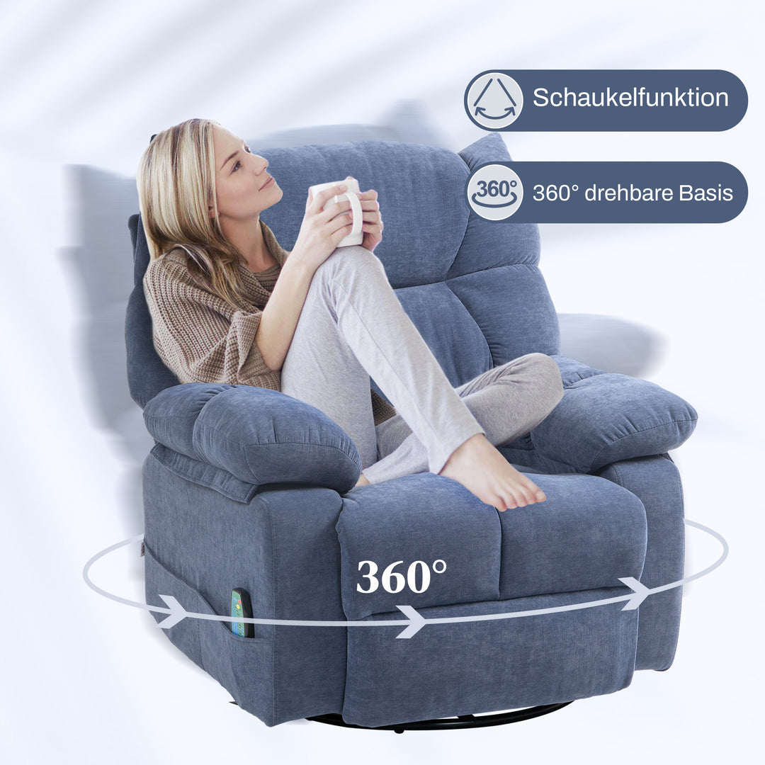 Massagestol med varme- og lænefunktion, drejelig, op til 150 kg, metalstel, 98x90x98cm, blå