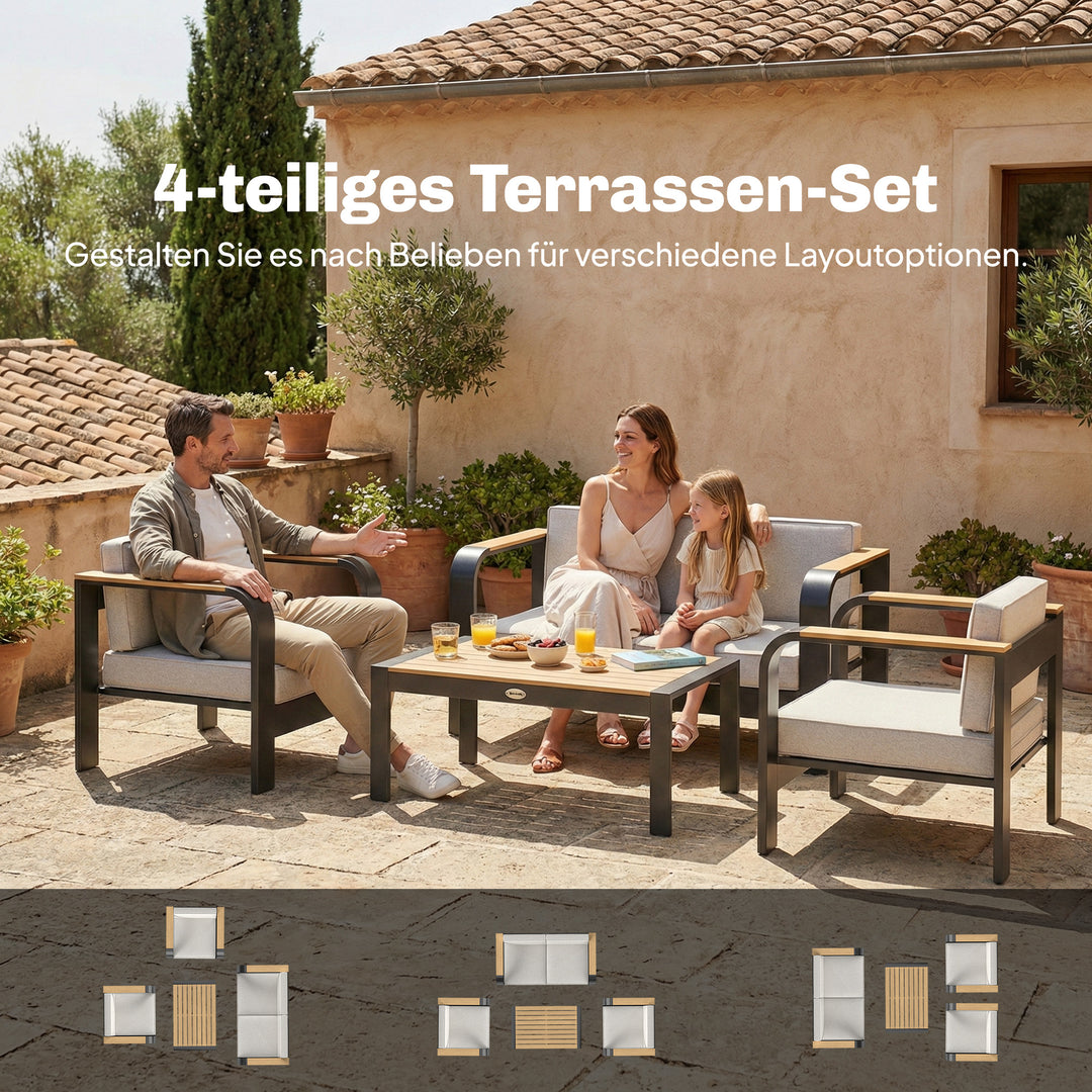 Havemøbelsæt, ekstra dybe sæder, med 2-personers sofa, 2 lænestole, WPC lamelbord, aluminiumsstel, beige