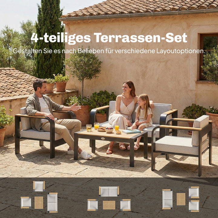 Havemøbelsæt, ekstra dybe sæder, med 2-personers sofa, 2 lænestole, WPC lamelbord, aluminiumsstel, beige