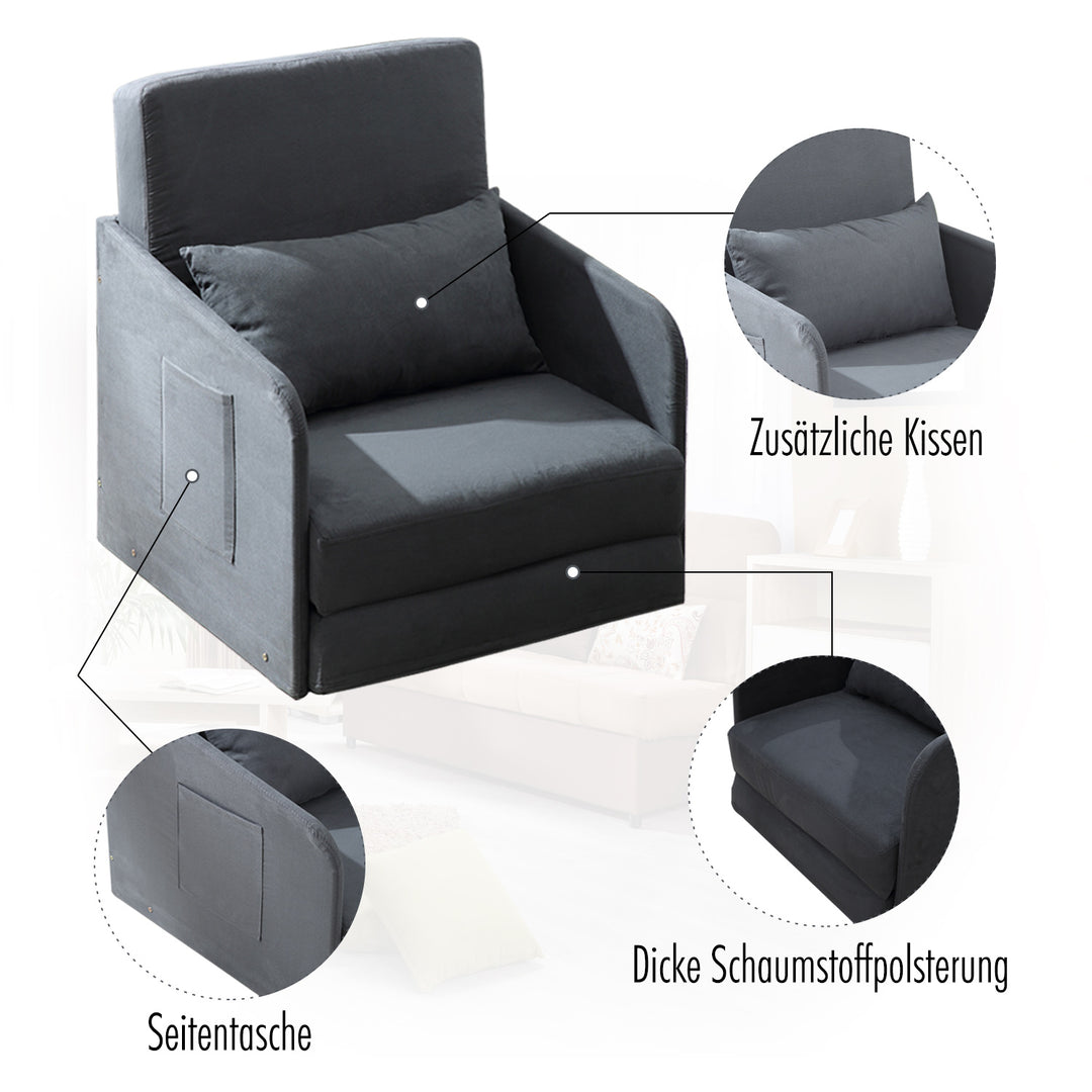 Sovesofa enkeltsofa vaskbart betræk 2 sidelommer pude metalgrå 70 x 76 x 77 cm