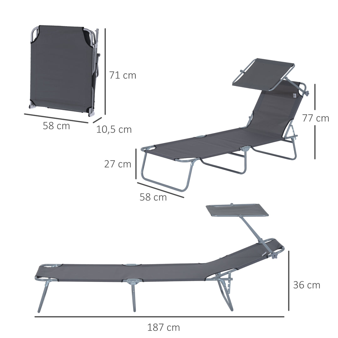 Sammenklappelig liggestol, havestol med solskærm, wellness-stol med justerbar ryglæn i 4 positioner, strandstol, lasteevne op til 120 kg, egnet til have, balkon og pool, 6 farver (grå)