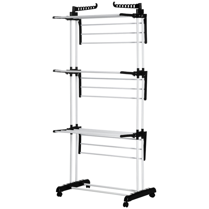 Tørrestativ, 4 niveauer, foldbar, 4 hjul med 2 bremser, metalramme, sort, 73 x 64 x 177 cm