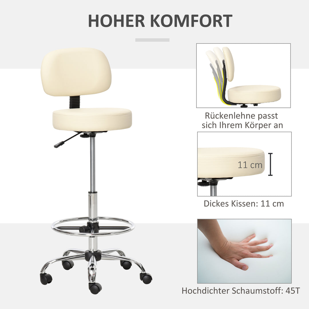 Barstol, højdejusterbar barstol med hjul lavet af kunstlæder arbejdsskammel kontorskammel 360° drejelig med ryglæn polstret beige 56 x 57 x 104-127 cm